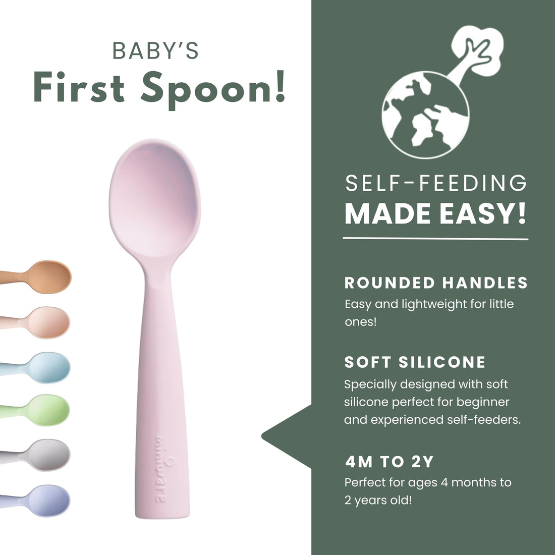 Miniware Silicone Baby Spoon for Training - BPA Free Baby Utensils - Baby Spoons Self Feeding 6 Months | 100% Food Grade Silicone - Modern & Dishwasher Safe Toddler Spoons (Cotton Candy and Toffee)