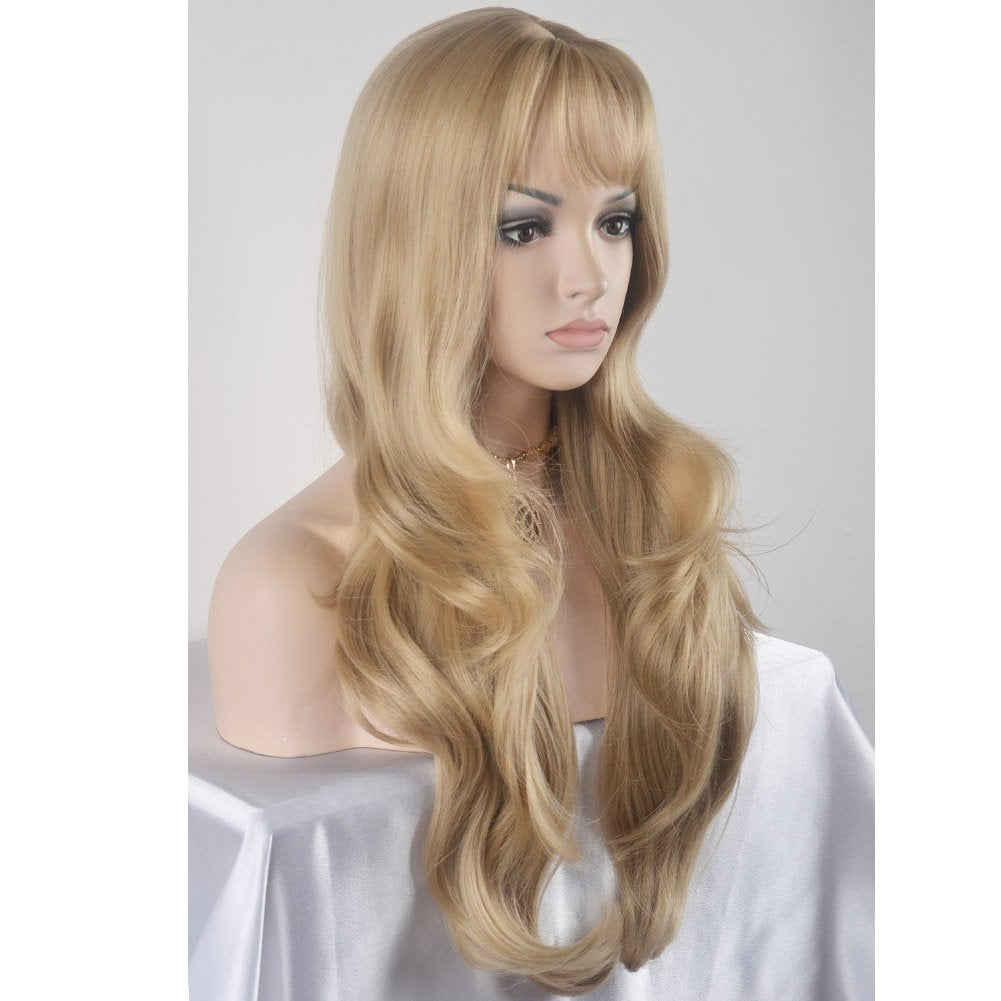 BERON 27.5' Fashion Women Girls Long Curly Wavy Synthetic Wig with Air Bangs Wig Cap Included (Linen Gold)