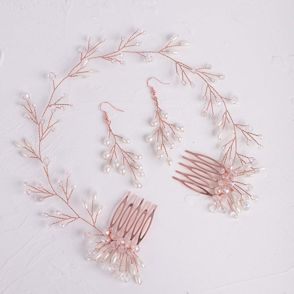 FXmimior Bride Hair Accessories Crystal Hair Vine Earrings Sets Headband Wedding Hair Comb Evening Party Hair Piece (rose gold) (headband& earrings)