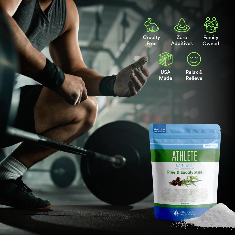 Athlete Bath Salt 2 Pounds (32 Ounces) - Epsom Salt Bath Soak With Pine & Eucalyptus Essential Oil Plus Vitamin C - All Natural No Perfumes No Dyes - Post Workout Soak For Tired Sore Muscles