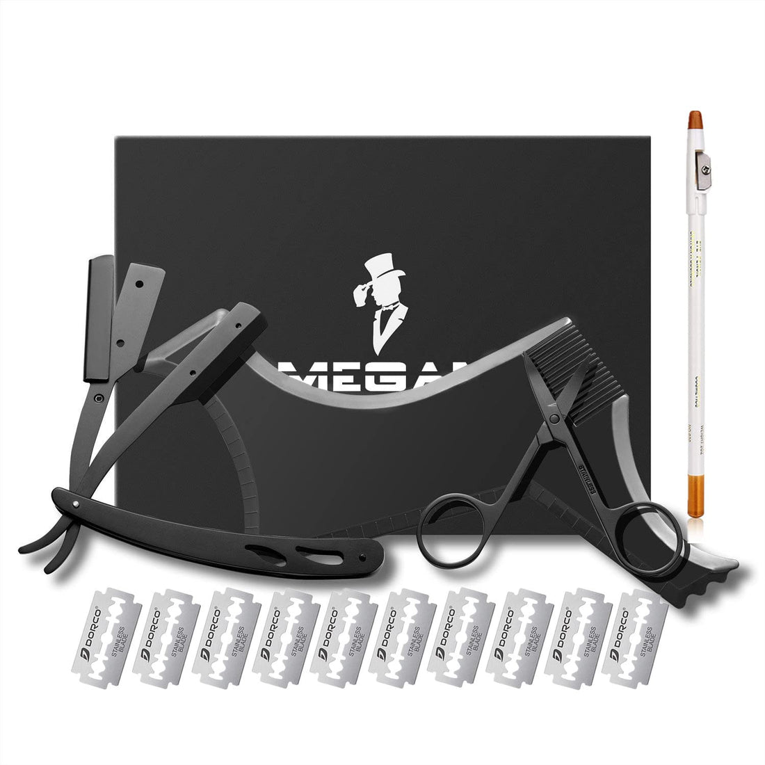 (Upgrade to add blades)Megan Beard shaping tool kit for Men include shaping comb & Professional Straight Edge Razor & 10 Count of double edge blade & Stainless steel beard scissors,Gift box packaging.