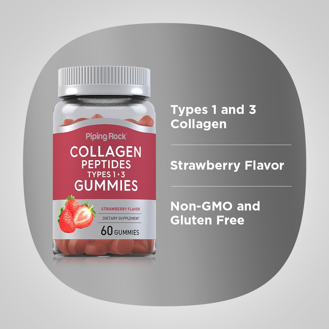 Piping Rock Collagen Gummies | 60 Count | Collagen Peptides Type 1 and 3 | Strawberry Flavor | Bovine Supplement | Non-GMO, Gluten Free