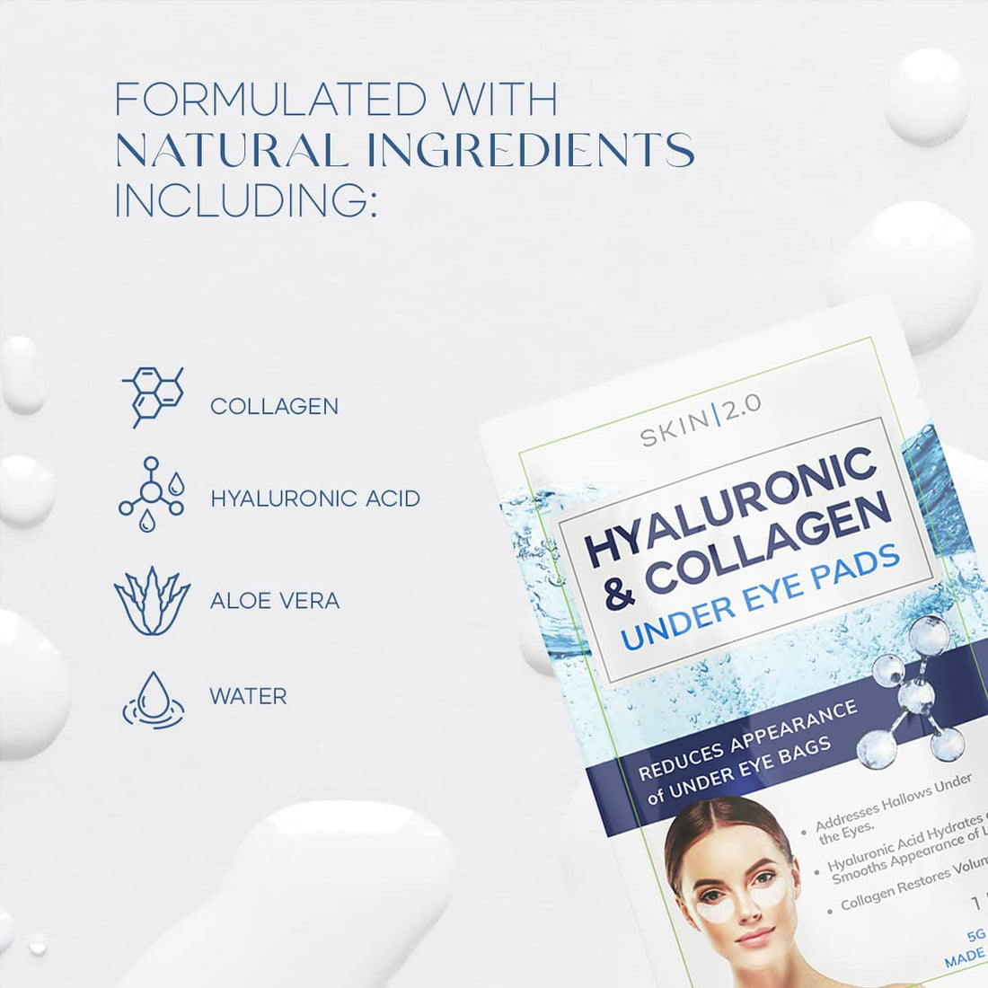 Skin 2.0 Hyaluronic Acid & Collagen Under Eye Patches - Dermatologist Tested, Hydrating, Reduces Bags & Wrinkles - Anti-Aging, Clean Beauty, Cruelty-Free Korean Skincare for All Skin Types - 15 Pairs