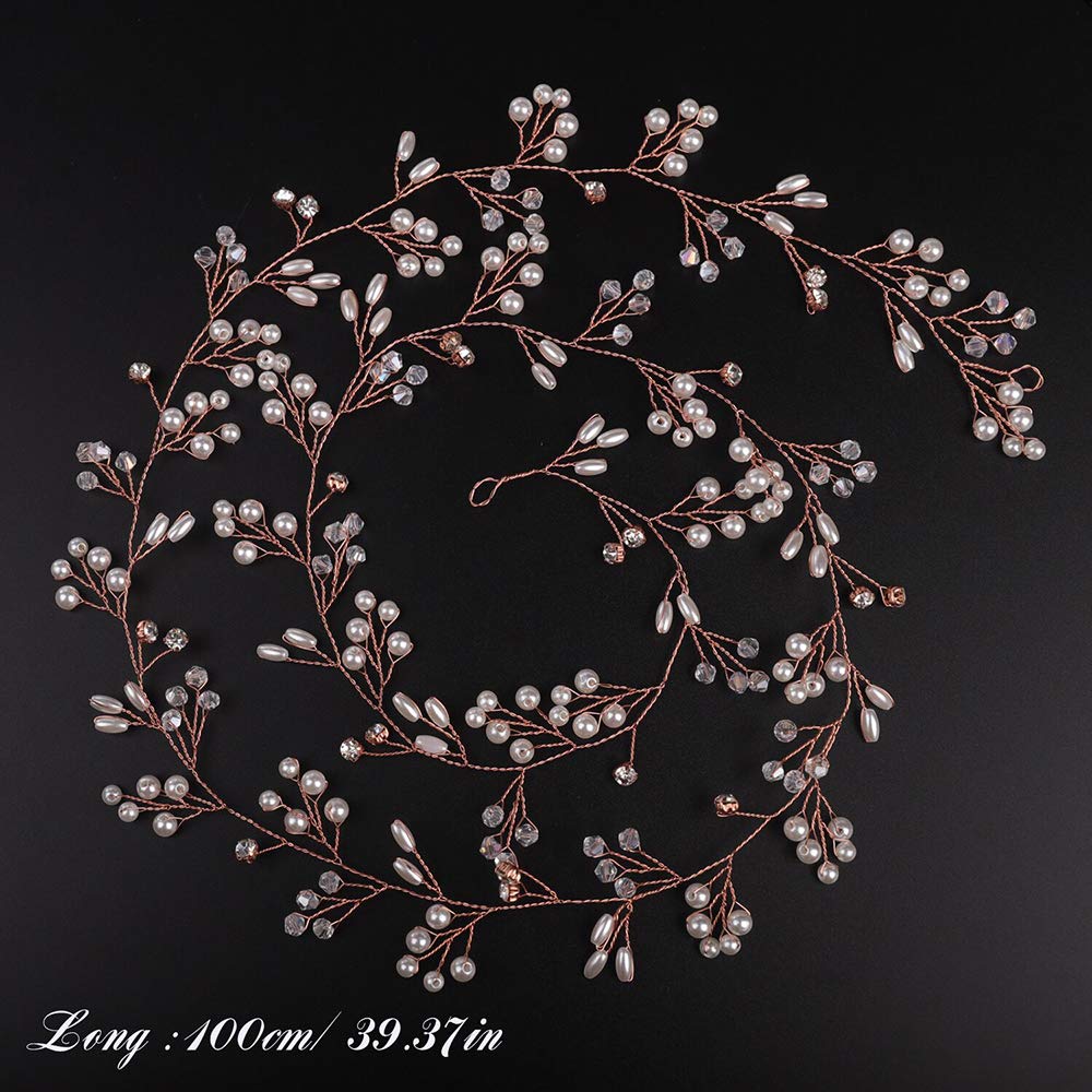 Deniferymakeup Bridal Rose Gold and Gold Silver Extra Long Pearl and Crystal Beads Bridal Hair Vine Wedding Head Piece Bridal Hair Accessories Headband Hair Jewelry Hair Accessories (Rose gold)