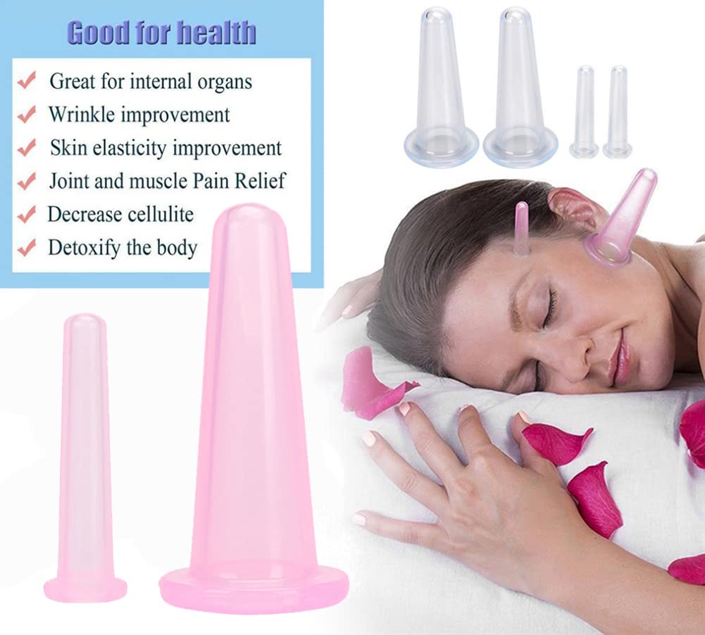 AKOAK 4Pcs/ Set (2 Large &2 Small) Natural Silicone Massage Cup, Suitable for Body, Face, Neck, Back, Eye Massage, Vacuum Tank, Perfect for Body and Facial Care, Anti-aging Beauty Tool (Pink)