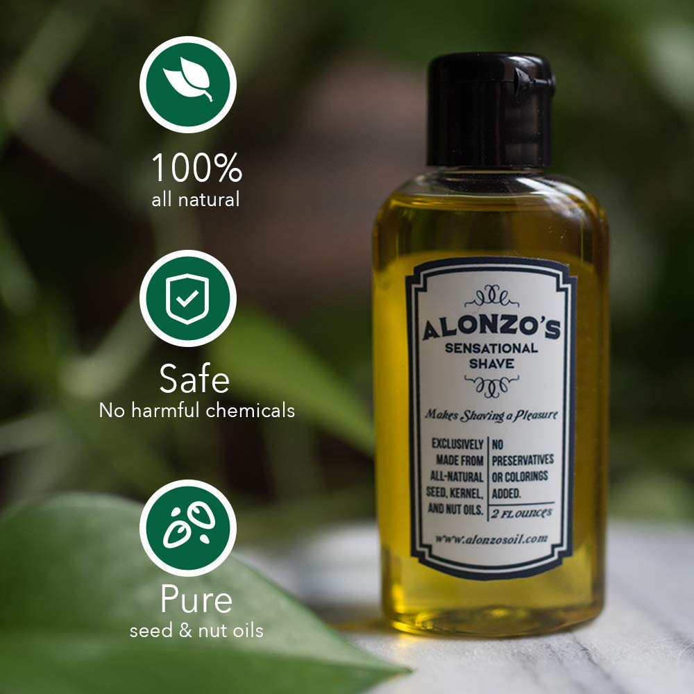 Alonzoââ‚¬â„¢s Sensational Premium Natural Shaving Oil for Men | Works as Moisturizing Pre Shave/After Shave/Beard Oil for Face Body & Head | Smooth Pre-Shave 2oz