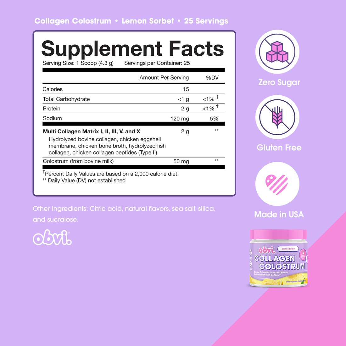 Obvi Collagen Peptide Colostrum Powder | Multi-Collagen Peptides with Grass-Fed Bovine Colostrum | Supports Gut Health, Immune, Skin & Hair | Gluten-Free, Keto-Friendly | Lemon Sorbet, 30 Servings