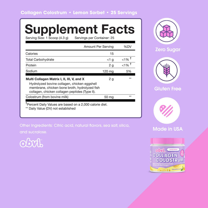 Obvi Collagen Peptide Colostrum Powder | Multi-Collagen Peptides with Grass-Fed Bovine Colostrum | Supports Gut Health, Immune, Skin & Hair | Gluten-Free, Keto-Friendly | Lemon Sorbet, 30 Servings