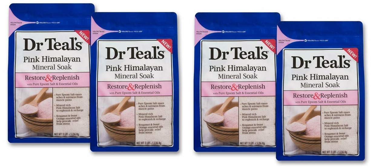 Dr Teal's Epsom Salt Soaking Solution, Restore & Replenish, Pink Himalayan Mineral Soak, 4 Count - 3lb Bags, 12lbs Total