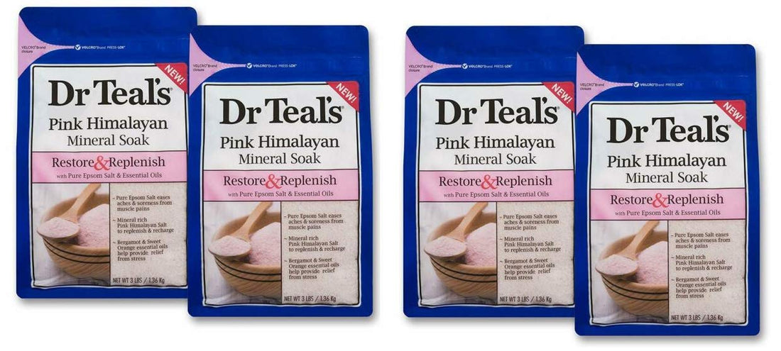 Dr Teal's Epsom Salt Soaking Solution, Restore & Replenish, Pink Himalayan Mineral Soak, 4 Count - 3lb Bags, 12lbs Total