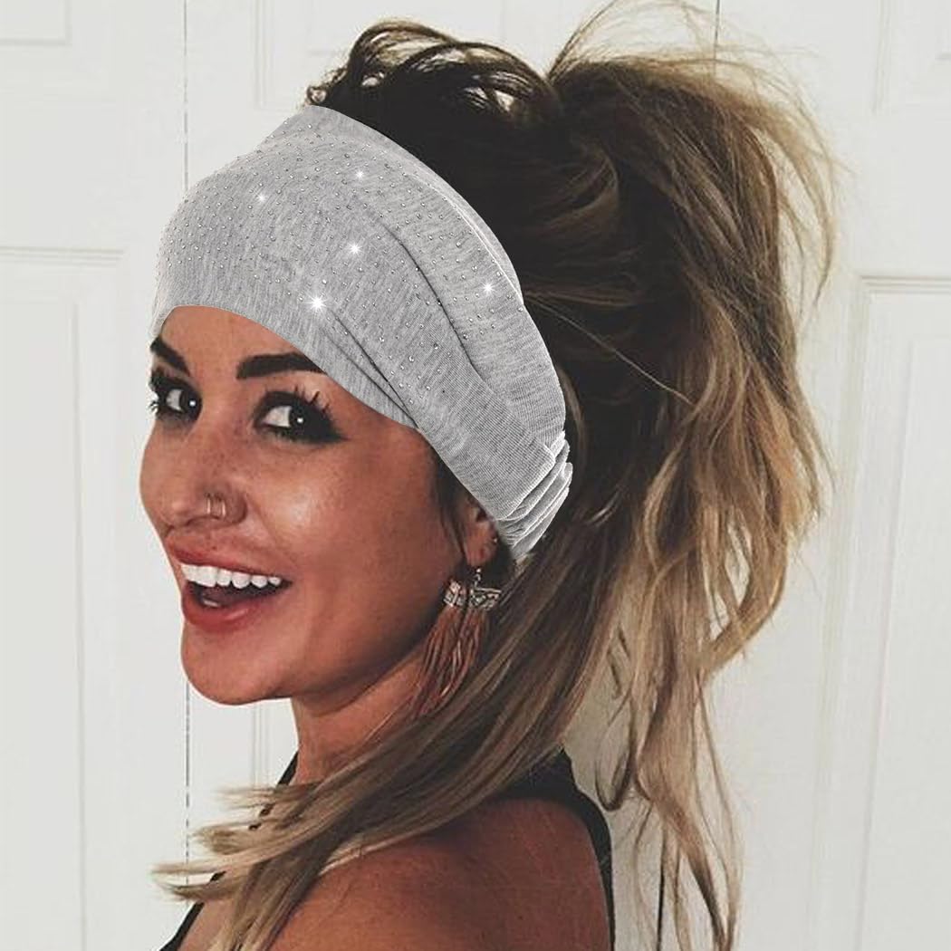 CAKURE Crystal Wide Headbands Rhinestone Head Bands Black Turban Headband Elastic African Head Wraps Sport Hair Bands for Women and Girls Pack of 3 (set 2)