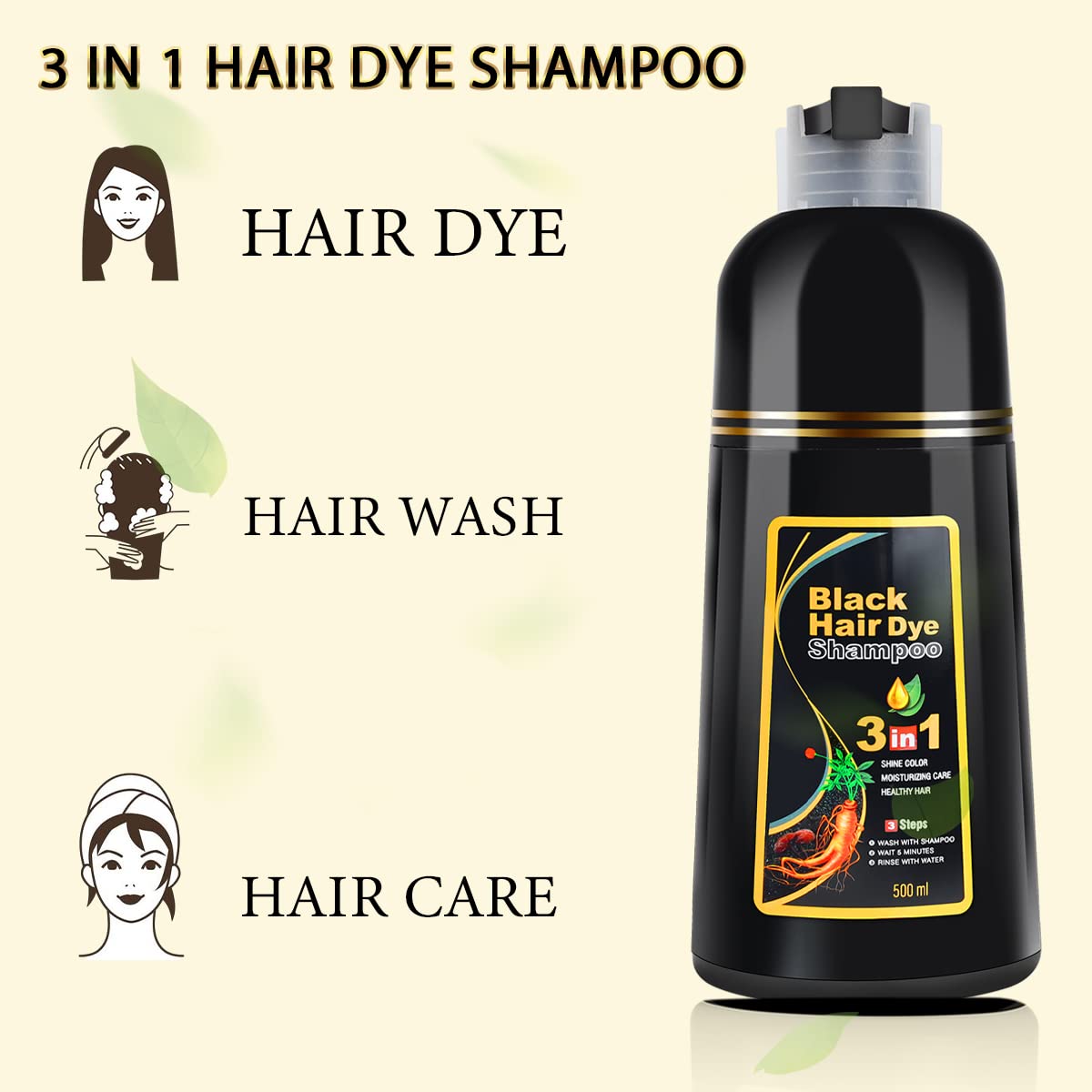 Black Hair Dye Shampoo 3 in 1 for Gray Hair, Hair Color Shampoo for Women and Men, Instant Shampoo Hair dye-100% Grey Hair Coverage (16.9 Fl oz)
