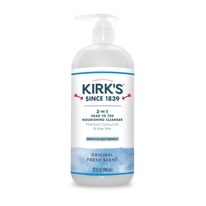 3-in-1 Castile Liquid Soap by Kirkââ‚¬â„¢s | Head-to-Toe Natural Shampoo, Face Soap & Body Wash for Men, Women & Children | Coconut Oil + Aloe Vera | Original Fresh Scent | 32 Fl Oz. Pump Bottle