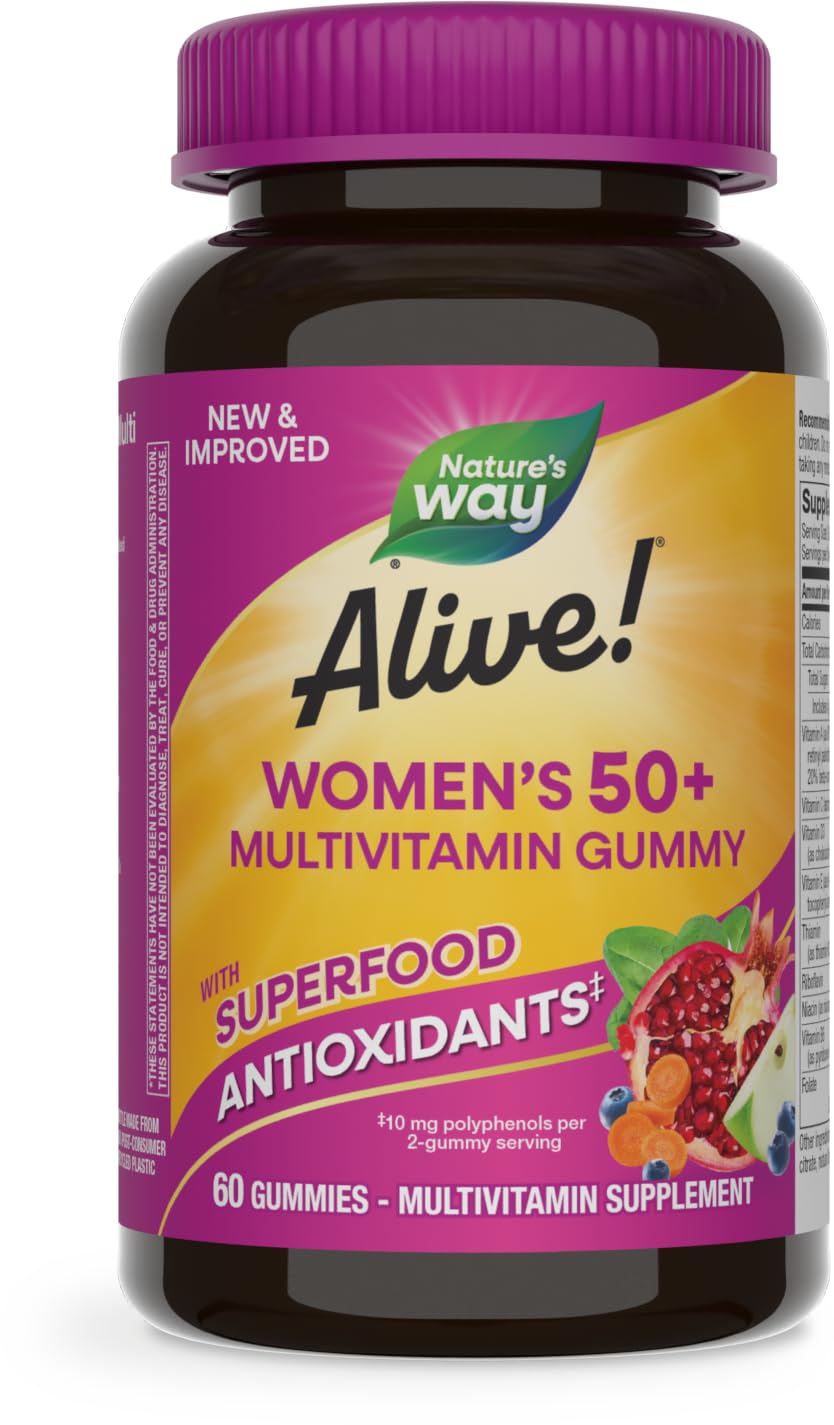 Nature's Way Alive! Women’s 50+ Daily Gummy Multivitamins, Supports Multiple Body Systems*, Supports Healthy Heart, Brain & Bones,* B-Vitamins, Mixed Berry Flavored, 60 Gummies (Packaging May Vary)