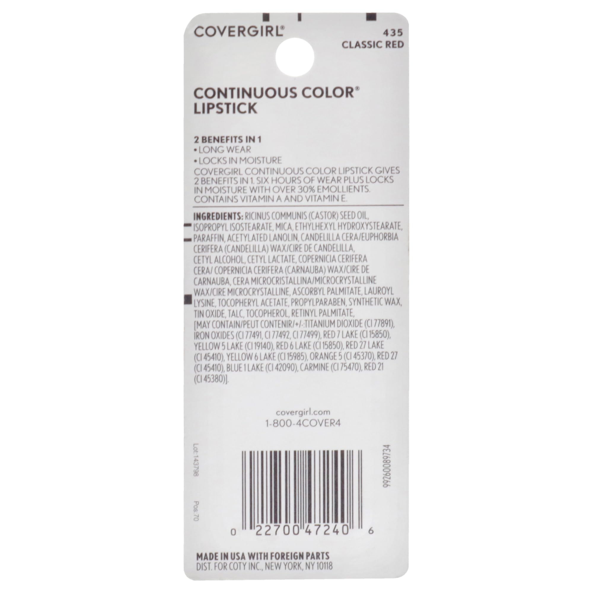 COVERGIRL Continuous Color Lipstick Classic Red 435.13 oz (packaging may vary)