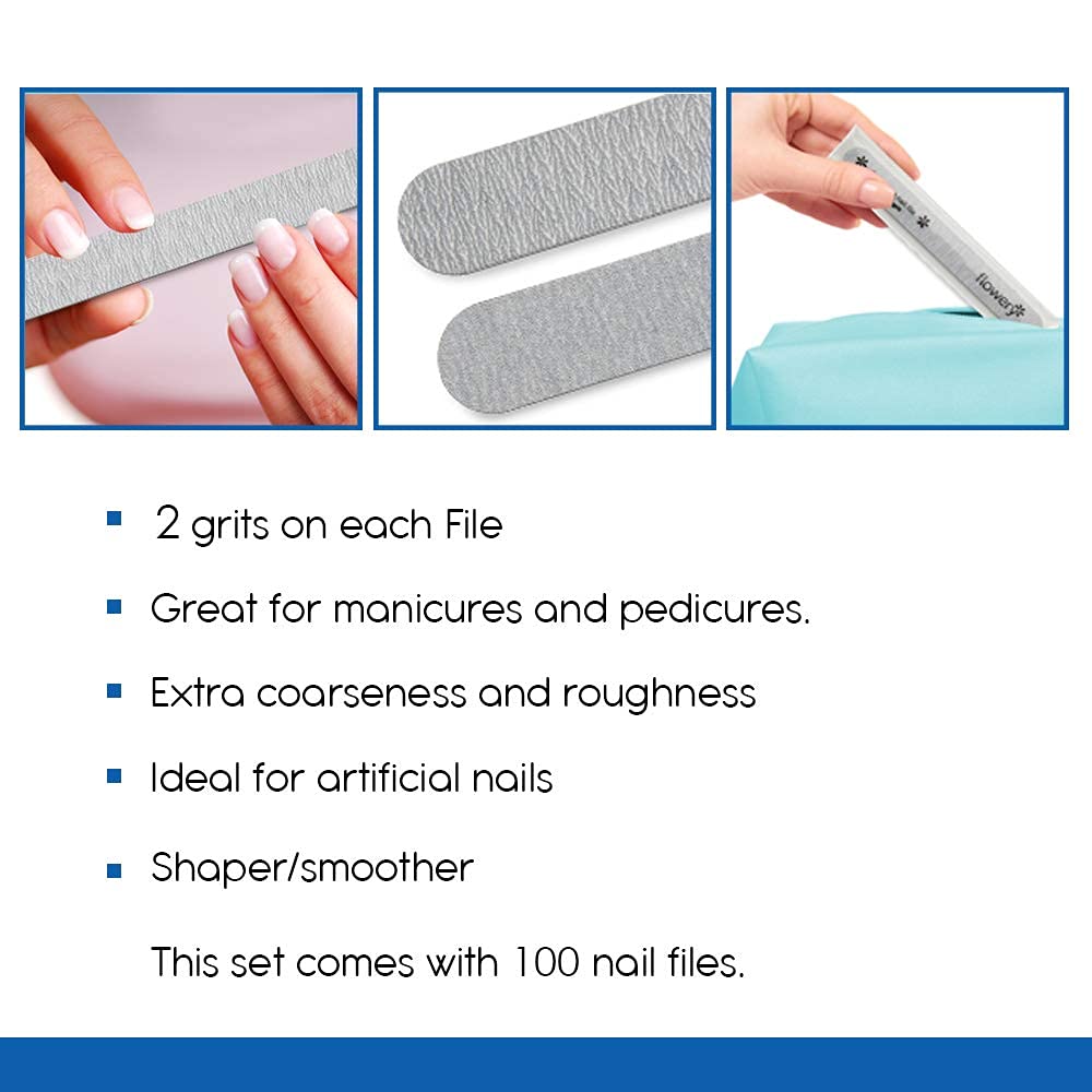 Flowery For The Pro Cushion Core Disposable Nail Files 180/400 Grit, 100 Count