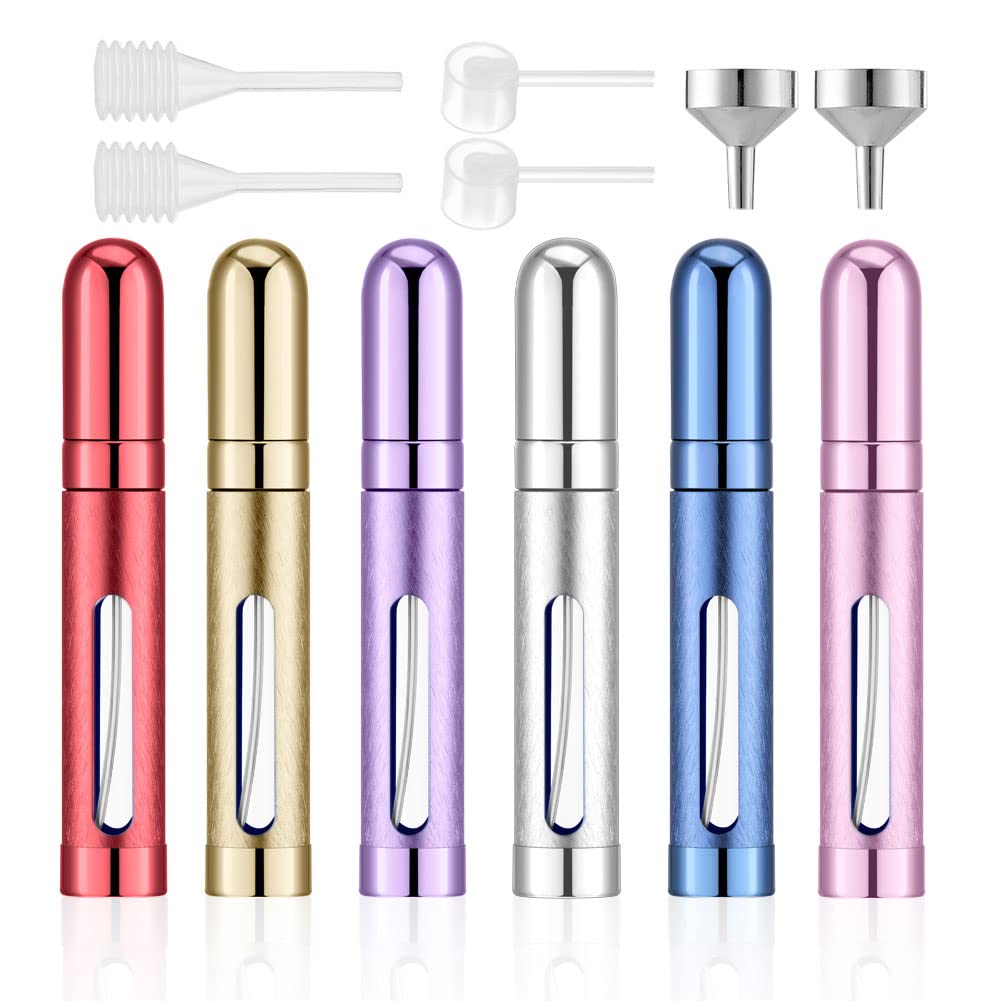Lil Ray 12ml Portable Mini Perfume Atomizer(6 PCS),Refilable Small Spray Bottle for Travel, Empty Pocket Cologne Sprayer, Glass inner and Aluminum Housing(0.4Oz,Pack of 6 with different colors)