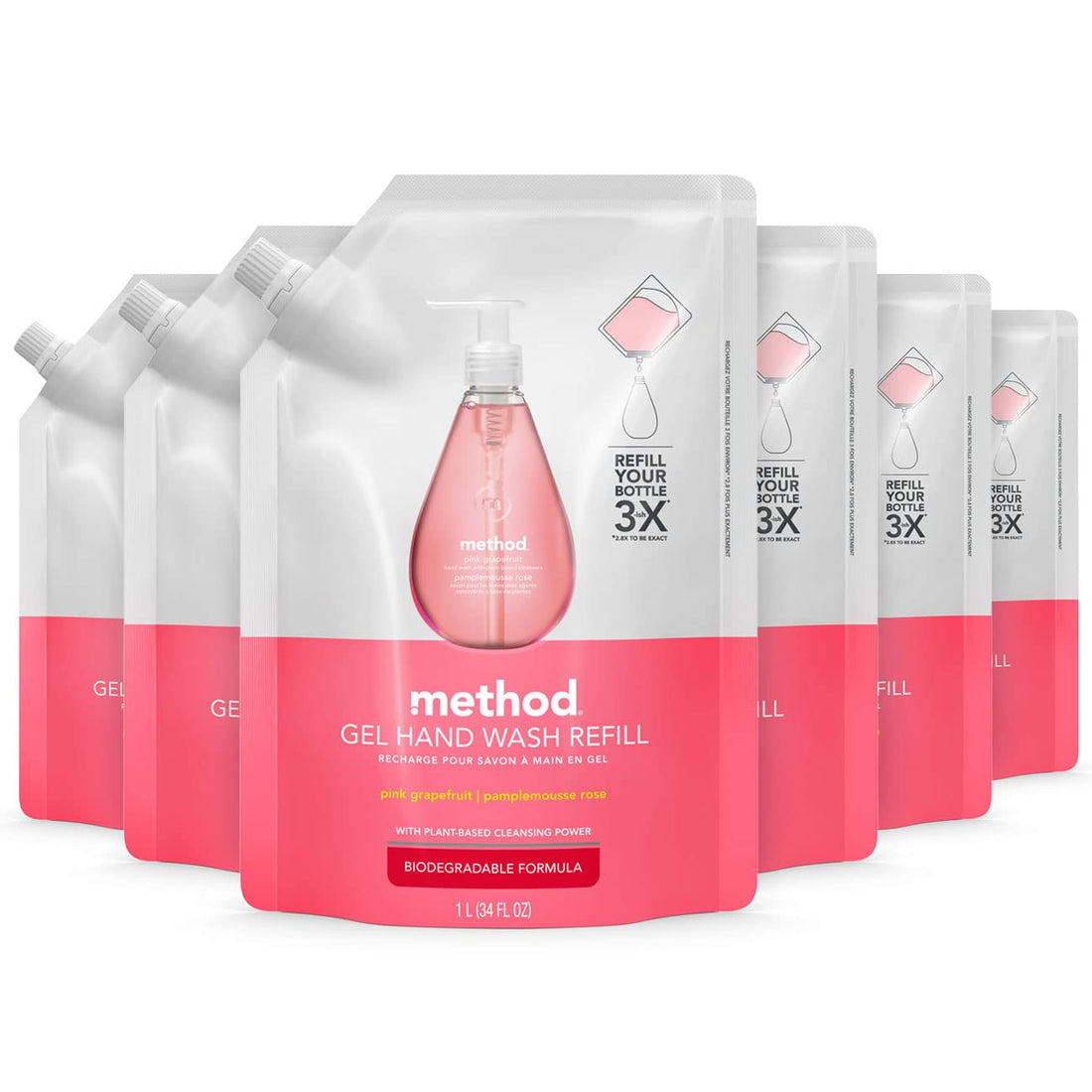 Method Naturally Derived Gel Hand Wash Refill, Pink Grapefruit, 34 Ounce (Pack of 6)