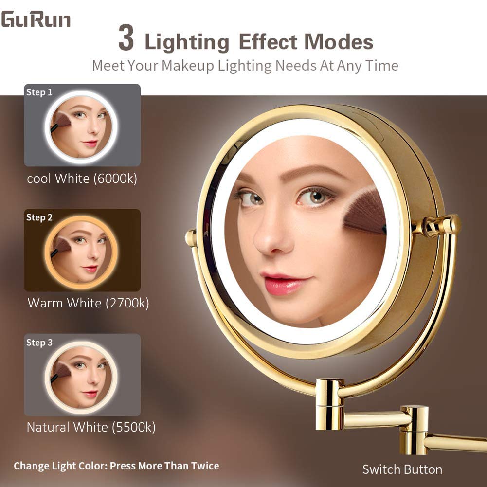 GuRun 8.5 Inch LED Lighted Wall Mount Makeup Mirror with 10x Magnification,Gold Finish M1809DJ(8.5in,10x)