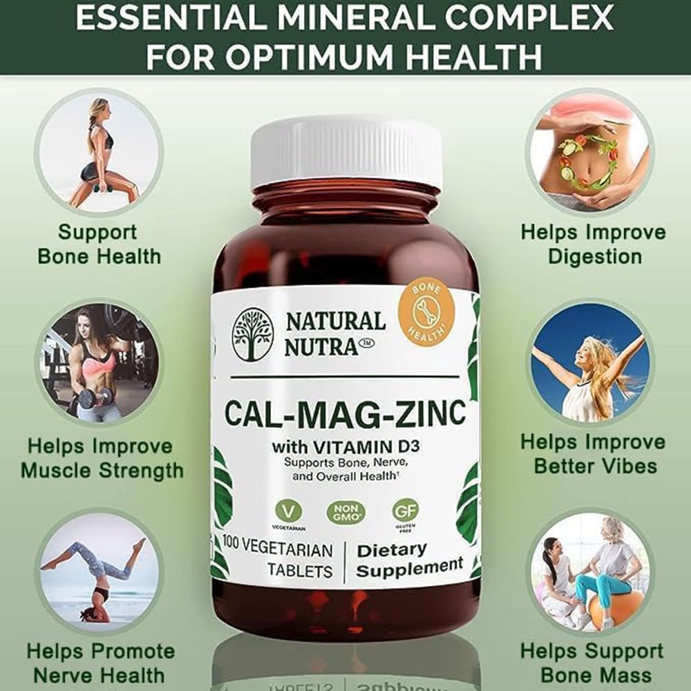 Natural Nutra Calcium Magnesium Zinc (Cal-Mag Zinc) Supplement with Vitamin D3 for Bone Strength, Helps Improve Digestion, Health Gluten Free and Sugar Free, Essential Mineral Complex (100 Count)