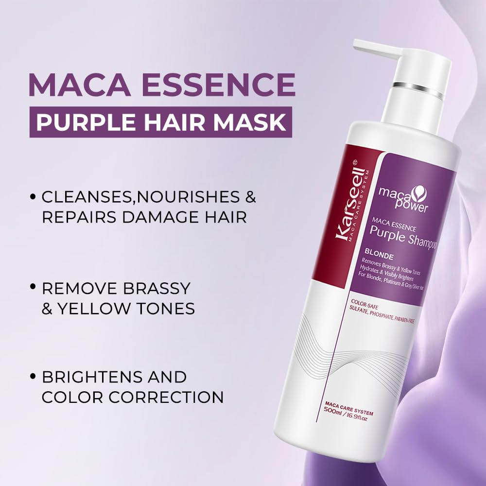 Karseell maca power Purple Shampoo Professional Neutralizes Brass & Yellow Tones For Blonde Silver Gray Highlighted Hair 16.90 oz 500ml