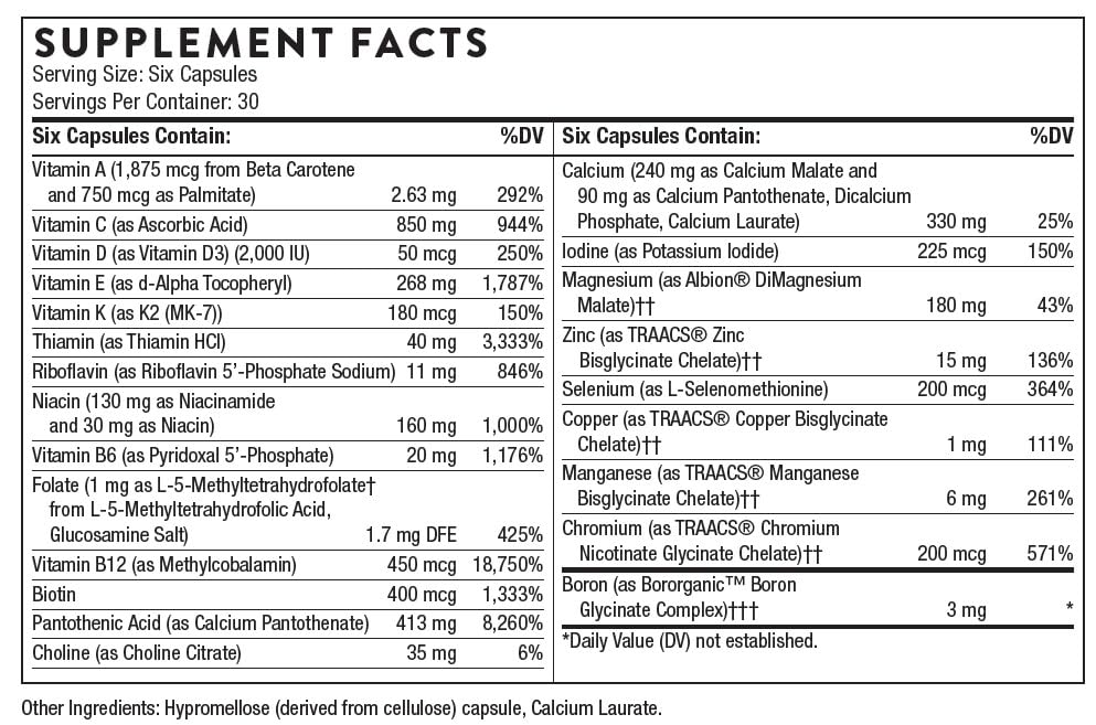 THORNE Women's Multi 50+ - Comprehensive Daily Multivitamin with Vitamins A, B6, B12, C, D, E, K, Zinc & More - Support Heart, Brain, Bone & Immune Health - 180 Capsules