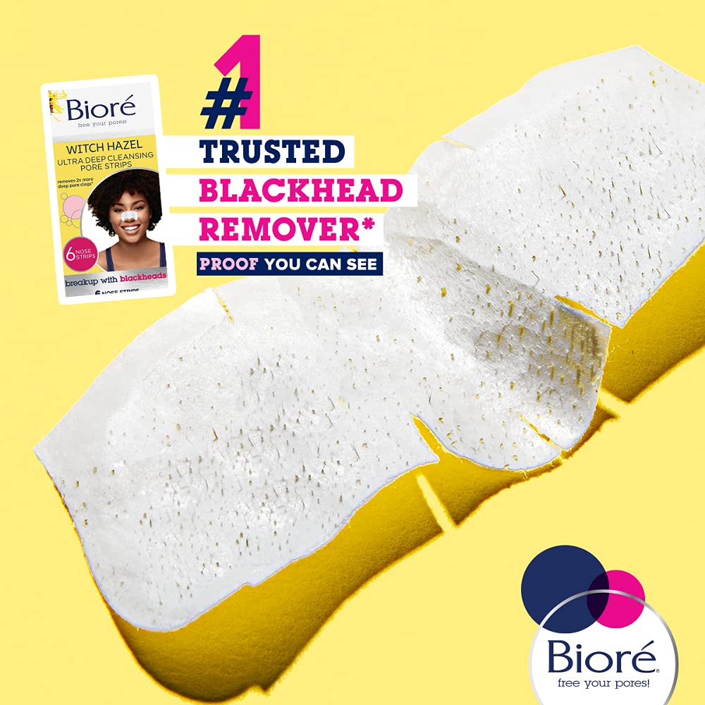 Bioré Witch Hazel Ultra Cleansing Pore Strips, Nose Strips, Clears Pores up to 2x More than Original Pore Strips, 6 Ct, features C-Bond Technology, Oil-Free, Non-Comedogenic Use (Packaging May Vary)
