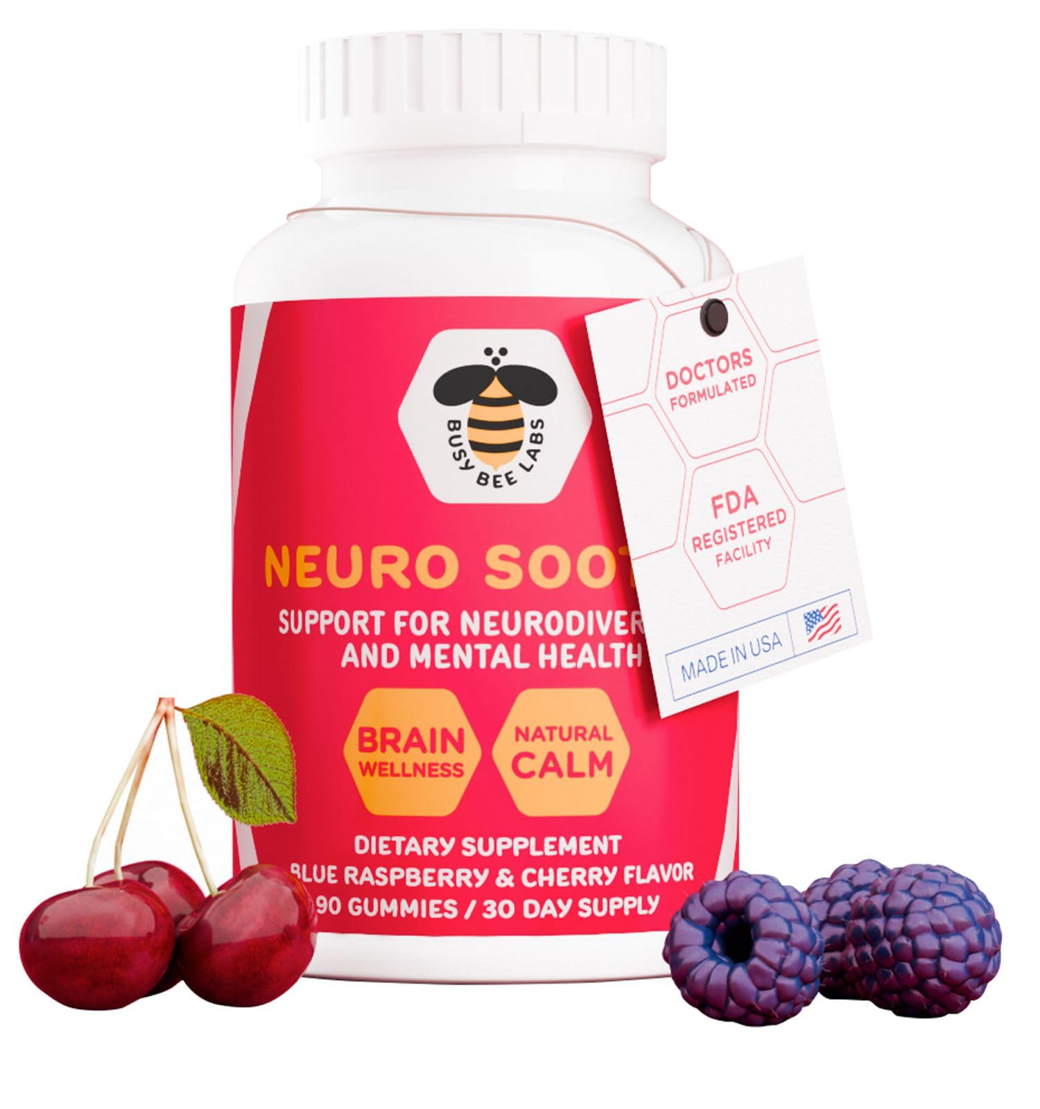 Neuro Soothe, Support for Neurodiversity and Mental Health, Helps with Brain Wellness and Natural Calm, Blue Rasberry and Cherry Flavor 90 Gummies, 30 Day Supply