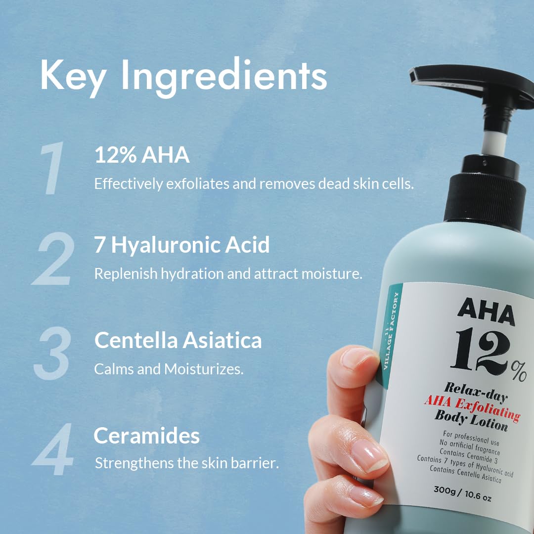 VILLAGE11FACTORY AHA 12% Body Lotion, Korean Body Cream, Exfoliating & Rejuvenating Formula with 12% Glycolic Acid and Hyaluronic Acid. Unscented, Paraben Free. 10.6 Oz