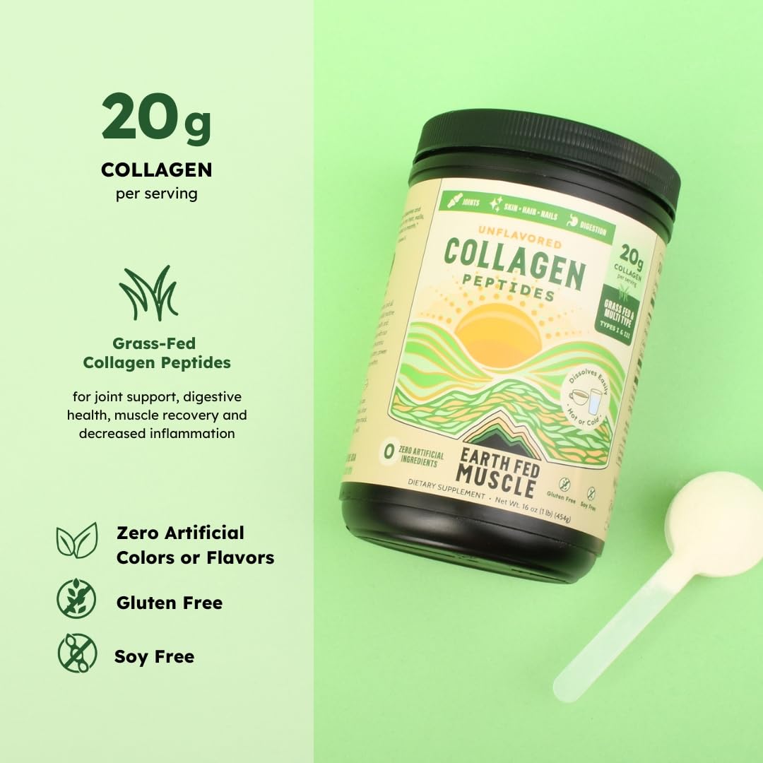 Earth Fed Muscle Unflavored Collagen Peptides Powder - 20g Protein Per Serving - Supports Hair, Skin, Nails, Joints & Recovery - Sugar-Free, Soy-Free, Gluten-Free, Paleo & Keto Friendly