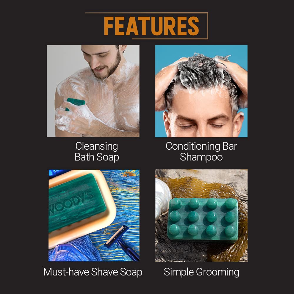 Woody's 3-in-1 Moisturizing Bar Soap for Men, For Hair, Shaving, & Body Cleansing, Deep Clean with Peppermint Scent, 8 oz