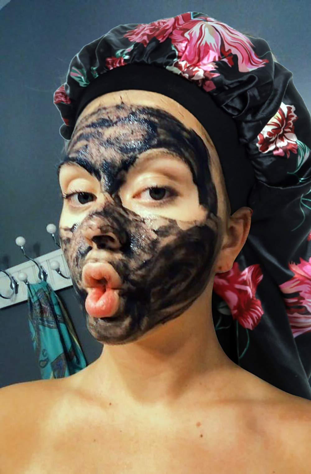 Extra Large Satin Bonnet for Curly Hair Silk Bonnet for Sleeping Cap Natural Frizzy Hair (Long, Long-A-Black-Rose Flower)