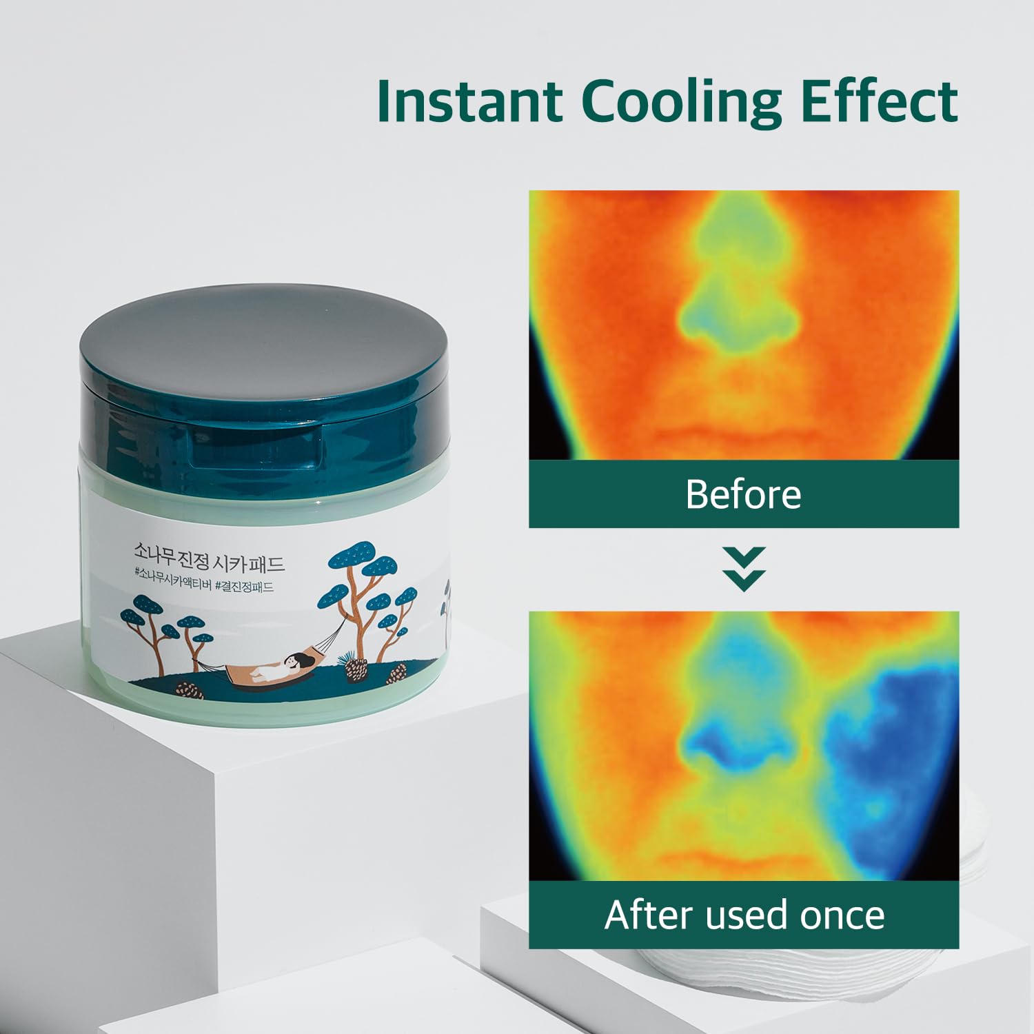 ROUND LAB Pine Calming Cica Pad 50pcs, 7cm Wide Cooling and Soothing Toner Pads with Pine Cica, BHA + LHA, and Hyaluronic Acid for Heated, Acne-Prone Skin, Multi-Zone Hydration, Korean Skincare