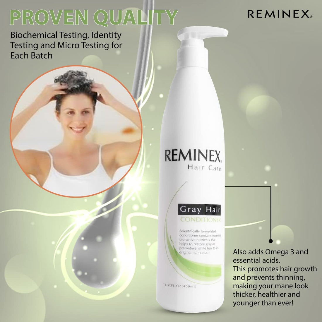 Anti-gray Hair Conditioner By Reminex to Restore Gray Hair and White Hair to Their Original Hair Color. 8 Oz. Per Bottle. Perfect to Use with Reminex Anti-gray Hair Shampoo. Paraben Free.