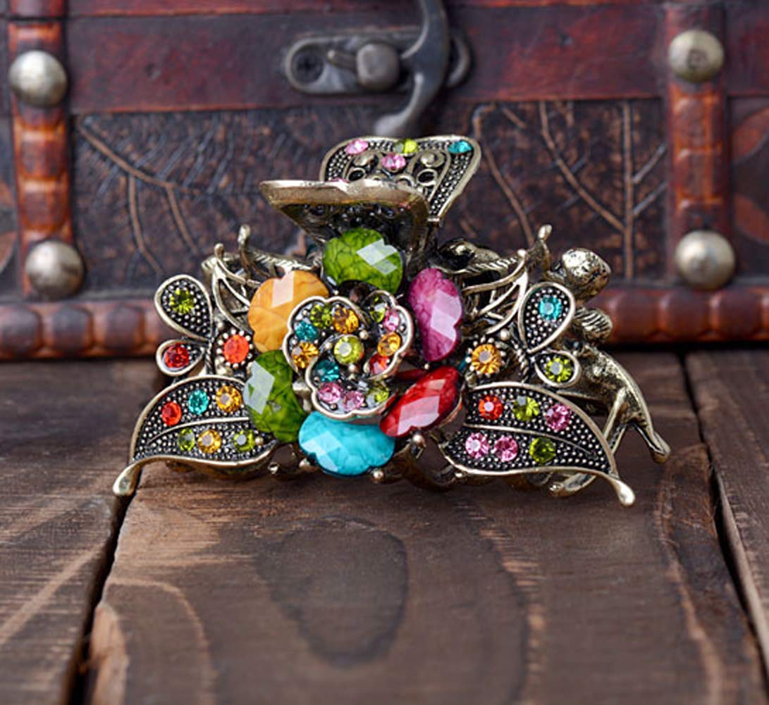 Numblartd Vintage Chic Rose Flower Crystal Rhinestone Imitation Turquoise Fancy Hair Claw Jaw Clips Pins - Women Girls Retro Alloy Hair Updo Grip Hair Catch Hair Accessories For Me
