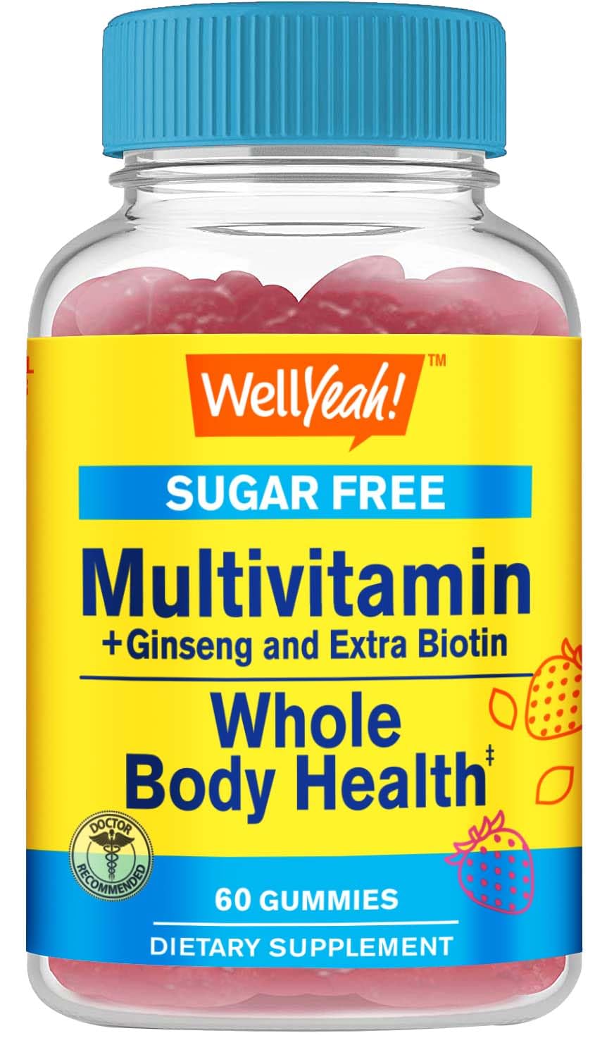 Multivitamin Sugar Free Gummies with Ginseng, Vitamin A, C, D3, E, B12, B6, B1, B2, B5, Niacin, Folic acid, Biotin, Iodine, Zinc, Chromium, Molybdenum, Lycopene, Inositol - Vegan - 60 Gummies