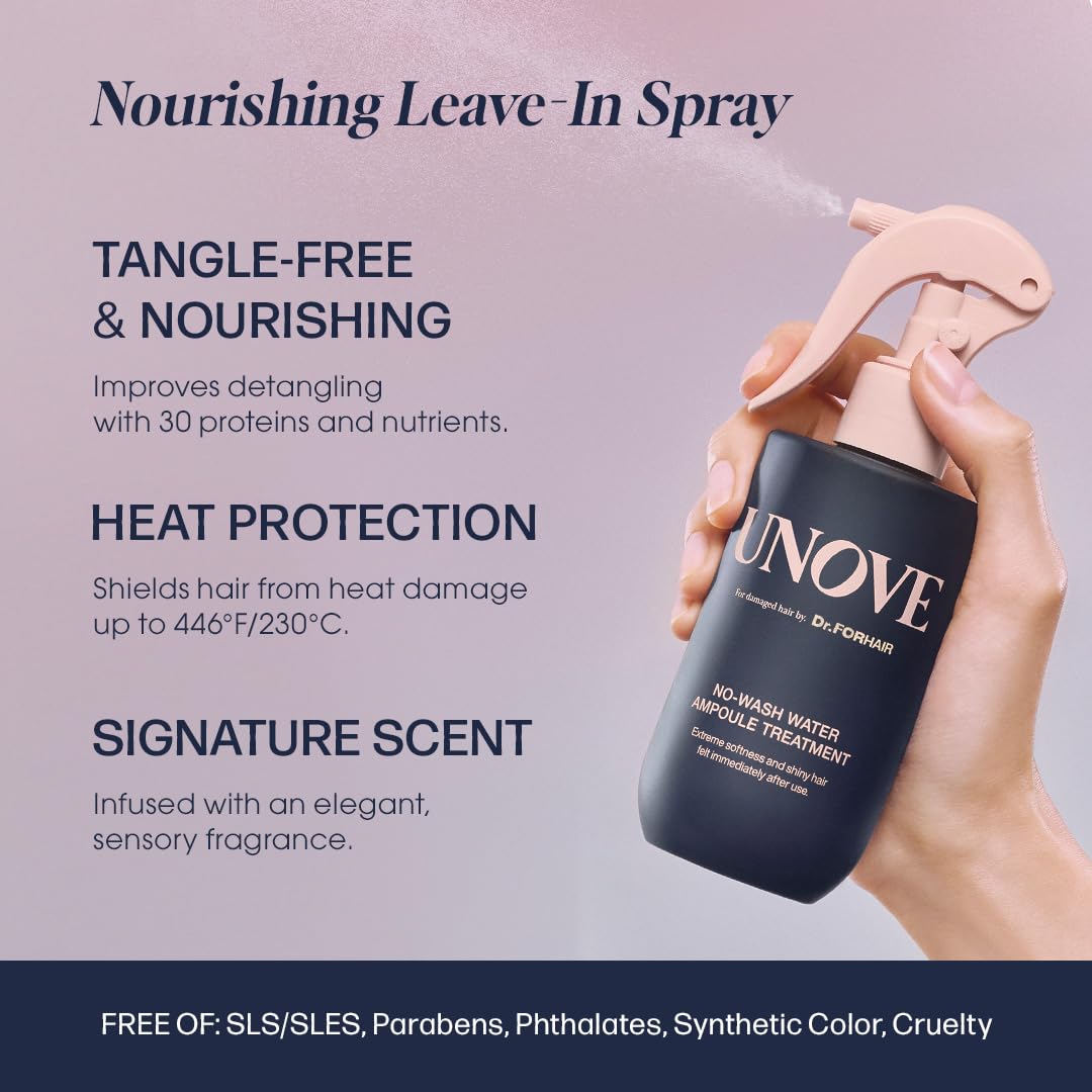 UNOVE No-Wash Water Ampoule Treatment 200ml/6.8 fl.oz | Deep Hydration & Repair for Damaged Hair | Lightweight Leave-In Formula | Frizz Control | Smooth, Silky Finish | Quick Hair Care Solution