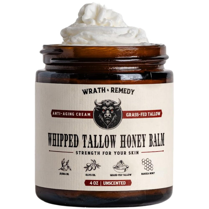 Wrath & Remedy Handmade Whipped Organic Beef Tallow for Skin - 4 OZ (Unscented) — Grass Fed Beef Tallow Moisturizer and Honey Balm for Silky, Sensitive-Skin, Eczema, Rosacea - Free of Harsh Chemicals
