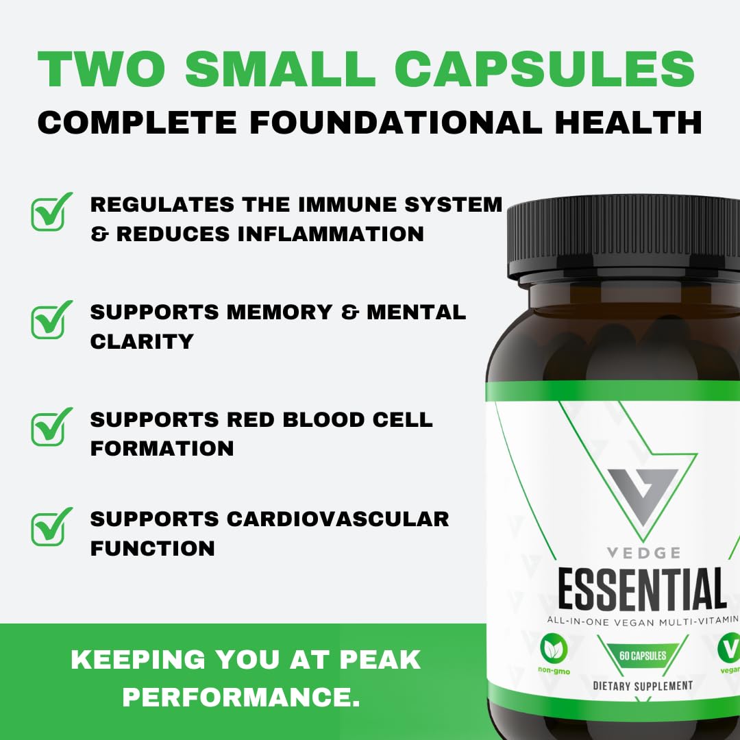 vedge Vegan Omega 3 - Daily Multivitamin Contains Vitamin D, Vitamin B12, Algal Oil for Vegan EPA & DHA - Natural Vitamins, Minerals - 30 Day Supply Nutrition Essential