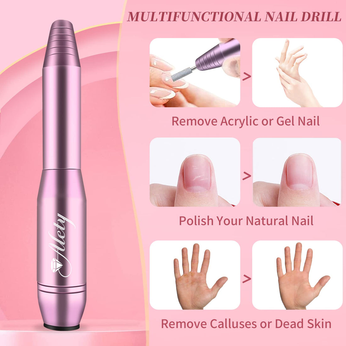 Alety Electric Nail Drill Kit, Portable File for Acrylic Gel Nails, Professional Machine Efile Manicure Pedicure Tools with Iridescent Bits Home Salon Use, Pink