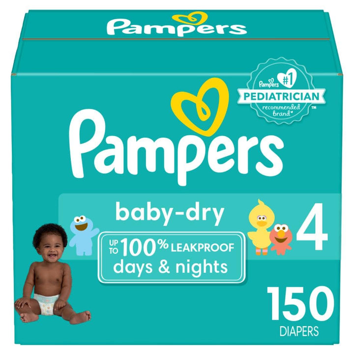 Diapers Size 4, 150 Count - Pampers Baby Dry Disposable Baby Diapers, Enormous Pack, Packaging & Prints May Vary