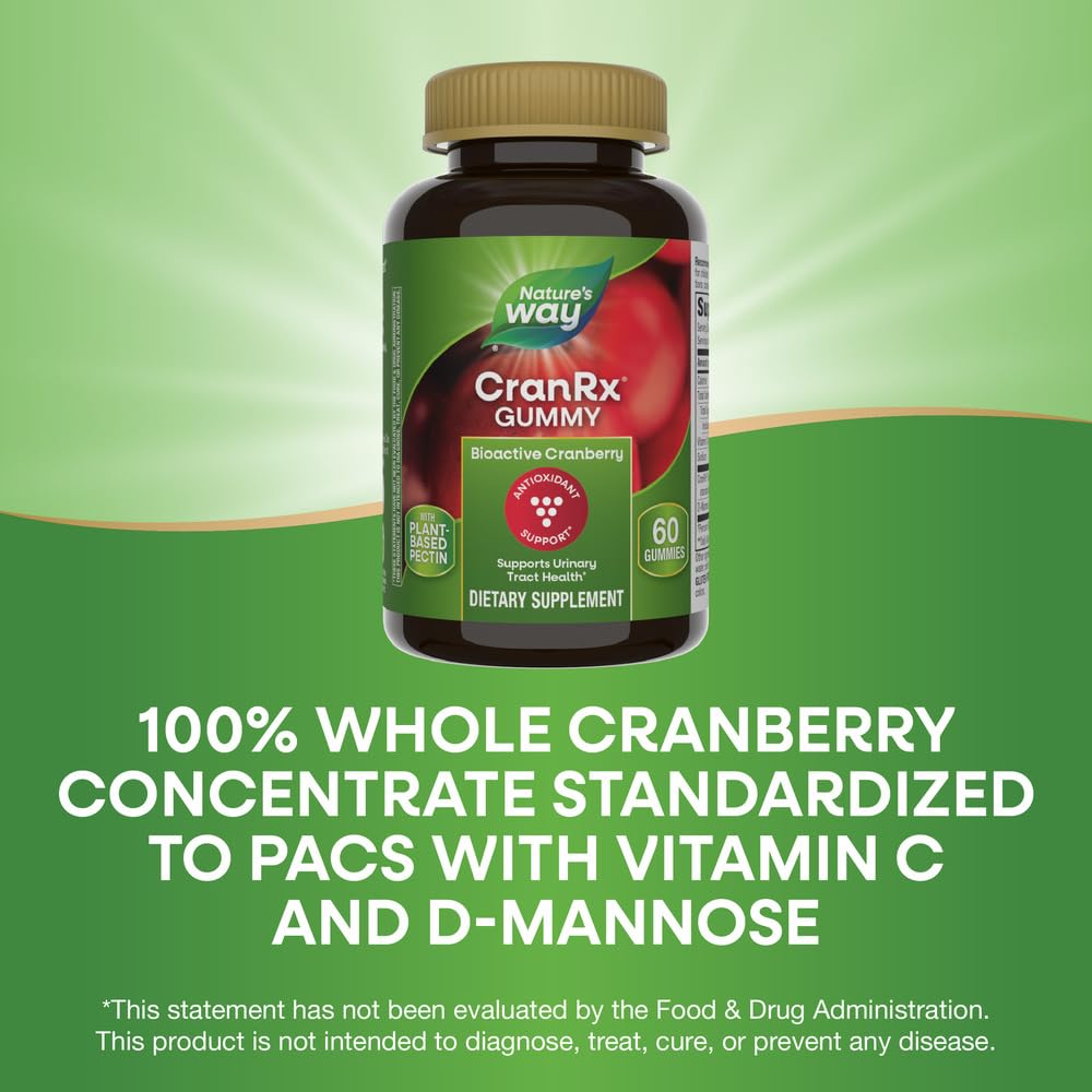 Nature's Way CranRx Cranberry Gummies, Urinary Tract Health Support*, 100% Whole Cranberry Fruit Concentrate with D-Mannose, Vitamin C, 60 Gummies (Packaging May Vary)