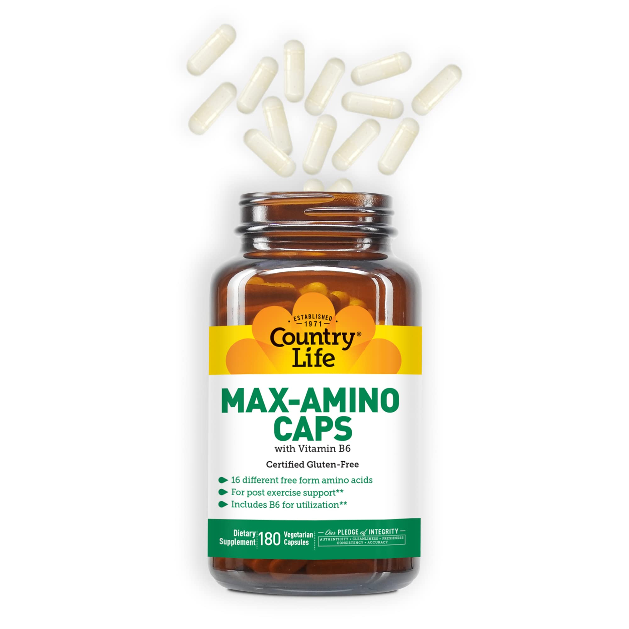 Country Life Maxi-Amino with 16 Free Form Amino Acids, 180 Vegetarian Capsules, Certified Gluten Free, Certified Vegetarian