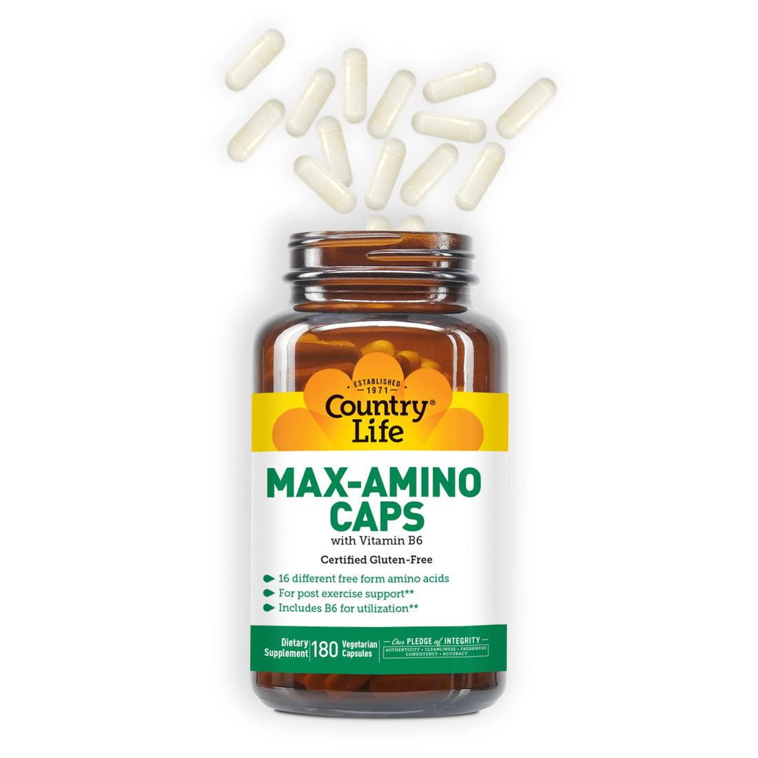 Country Life Maxi-Amino with 16 Free Form Amino Acids, 180 Vegetarian Capsules, Certified Gluten Free, Certified Vegetarian