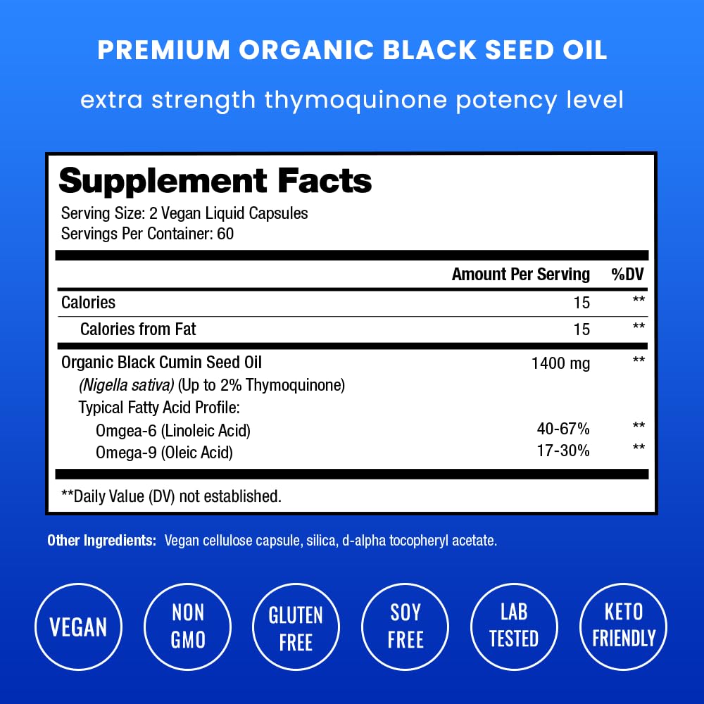 NutraChamps Organic 120 Vegan Softgel Black Cumin Seed Oil Capsules, 1400mg Per Serving Virgin Cold Pressed Nigella Sativa Oil Pills with Thymoquinone & Vitamin E, Rich in Omega 3 6 9