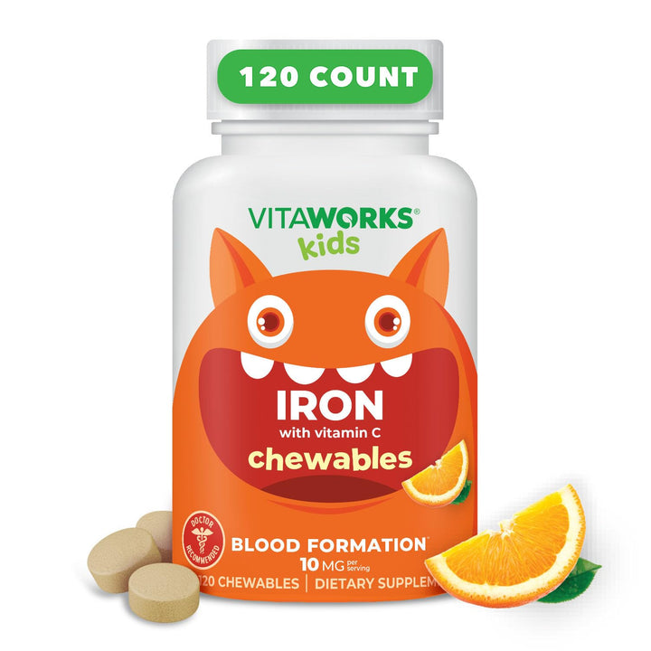 VitaWorks Kids Iron 10mg with Vitamin C 50mg Chewable Tablets - Tasty Natural Flavored - Vegan, Vegetarian, GMO-Free, Nut Free - Dietary Iron Supplement - Blood Formation for Children - 120 Chewables