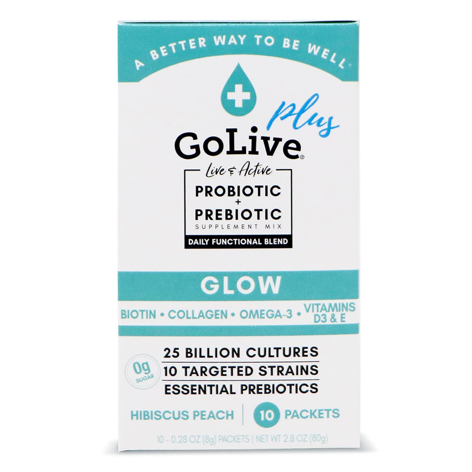 GoLive Probiotics & Prebiotics for Women and Men Glow for Beauty, Sugar-Free Synbiotic Powder. +25 Bllion CFUs; 10 Clinical Strains for Healthy, Immune & Digestive Health, 10 Count (Pack of 1)