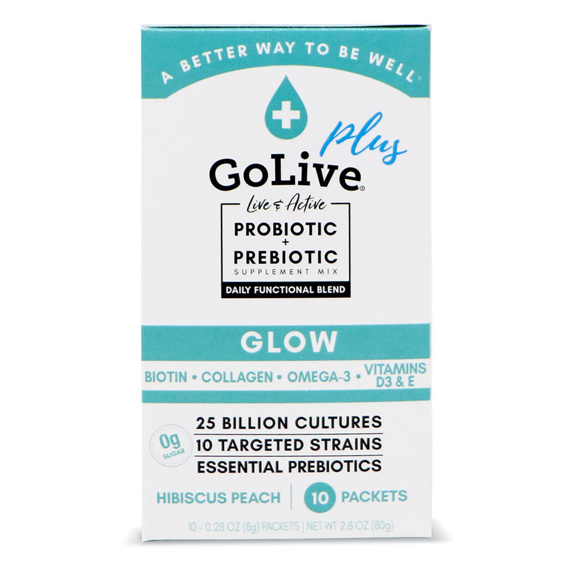 GoLive Probiotics & Prebiotics for Women and Men Glow for Beauty, Sugar-Free Synbiotic Powder. +25 Bllion CFUs; 10 Clinical Strains for Healthy, Immune & Digestive Health, 10 Count (Pack of 1)