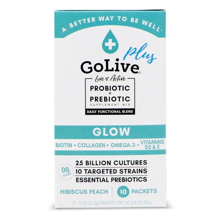 GoLive Probiotics & Prebiotics for Women and Men Glow for Beauty, Sugar-Free Synbiotic Powder. +25 Bllion CFUs; 10 Clinical Strains for Healthy, Immune & Digestive Health, 10 Count (Pack of 1)