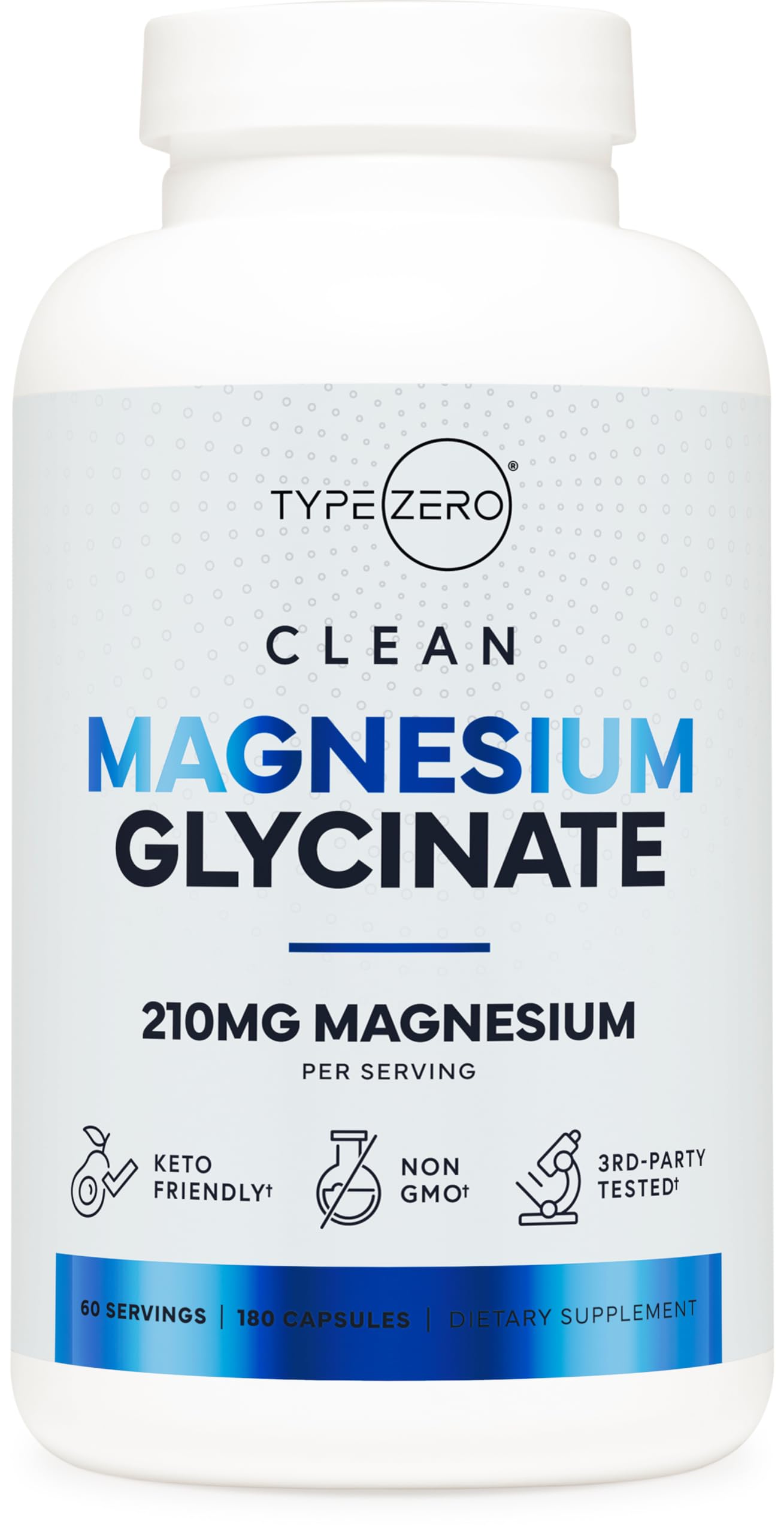 Type Zero Magnesium Glycinate (210mg | 180 Capsules) Pure, Non-GMO, Gluten Free, Natural High Absorption Magnesium Supplement